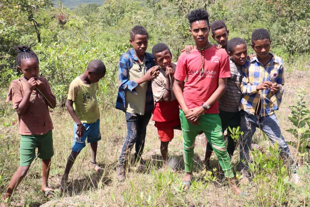 Kinder aus einem Dorf in Äthiopien die vor dem Wald stehen, der bei ihnen mit FMNR neu wächst.
